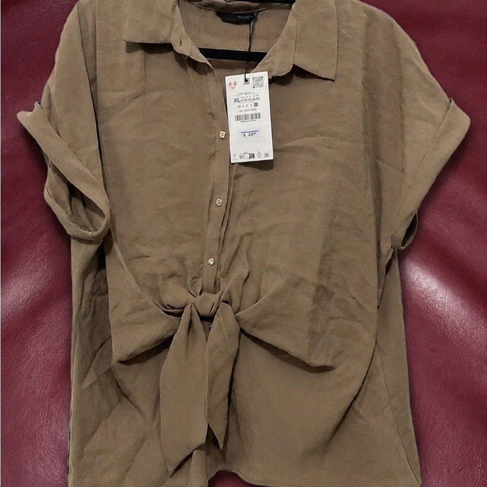 Zara Men's Tie-Front Button-Down Shirt - Brown